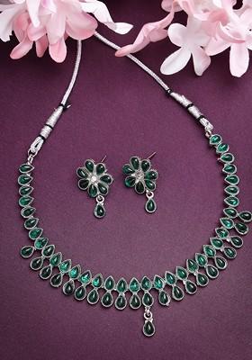 Oxidised Silver-Plated AD Studded Necklace And Earrings