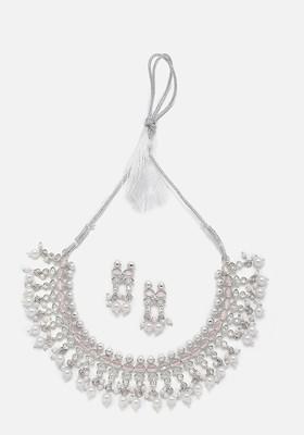 Oxidised Silver-Plated American Diamond And White Pearl Studded Jewellery Set