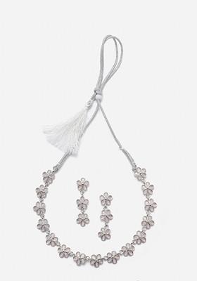 Silver-Plated AD-Studded Oxidised Necklace And Earrings