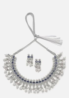 Oxidised Silver-Plated American Diamond Necklace And Earrings