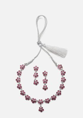 Oxidised Silver-Plated Flower Shaped AD-Studded Necklace And Earrings