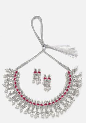 Oxidised Silver-Plated American Diamond And Studded  Necklace And Earrings