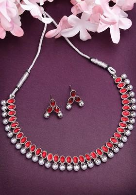 Oxidised Silver-Plated Kundan-Studded Necklace And Earrings