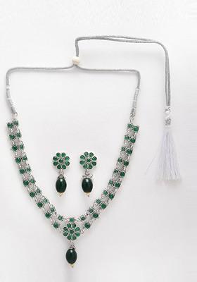 Oxidised Silver-Plated AD-Studded Necklace And Earrings