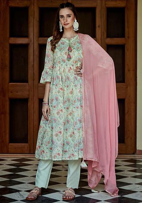 Green Ethnic Motifs Printed Bell Sleeves Pure Cotton Kurta Set With Dupatta