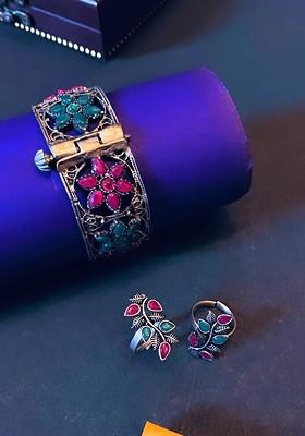 German Silver Plated Set Of 2 Toe Rings And Kada Bangle Jewellery Set