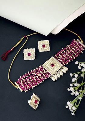 Gold Plated Kundan Studded Jewellery Set With Finger Ring