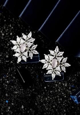 Silver Plated Floral Cubic Zirconia Studs Earrings