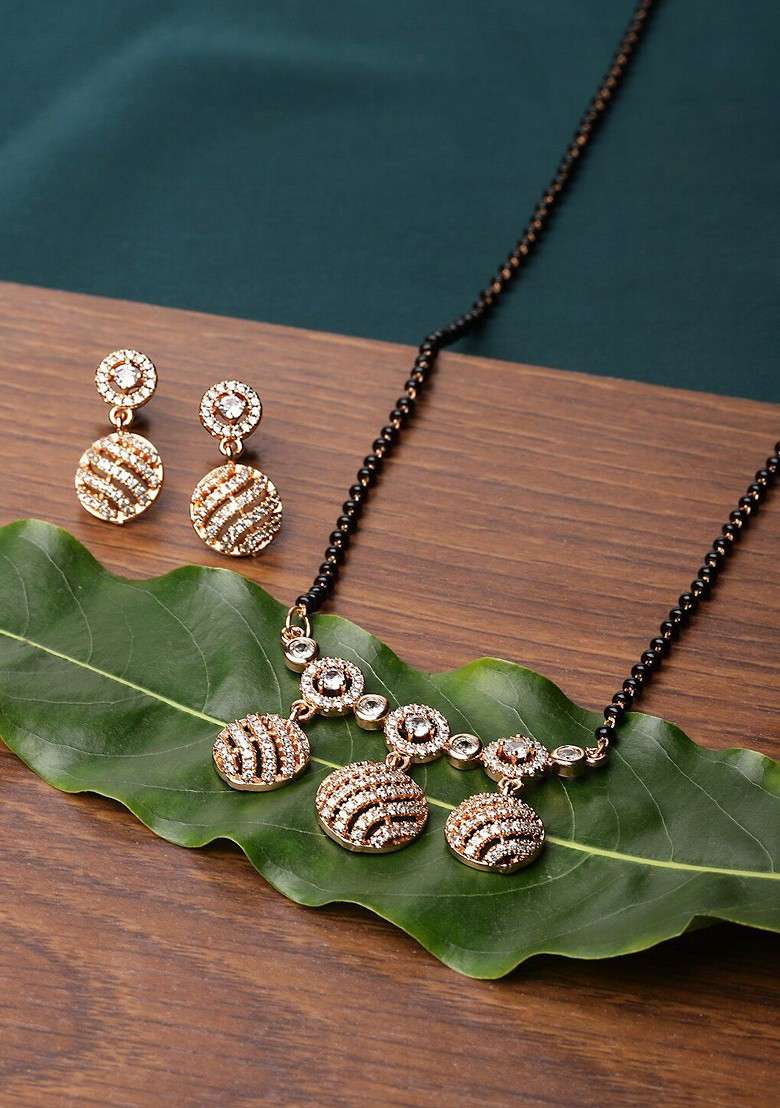 Gold Plated CZ Studded And Beaded Mangalsutra Set - Indya