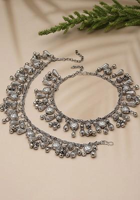 Set Of 2 Oxidized Silver Plated Anklets