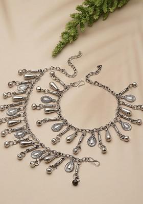 Set Of 2 Oxidized Silver Plated Anklets