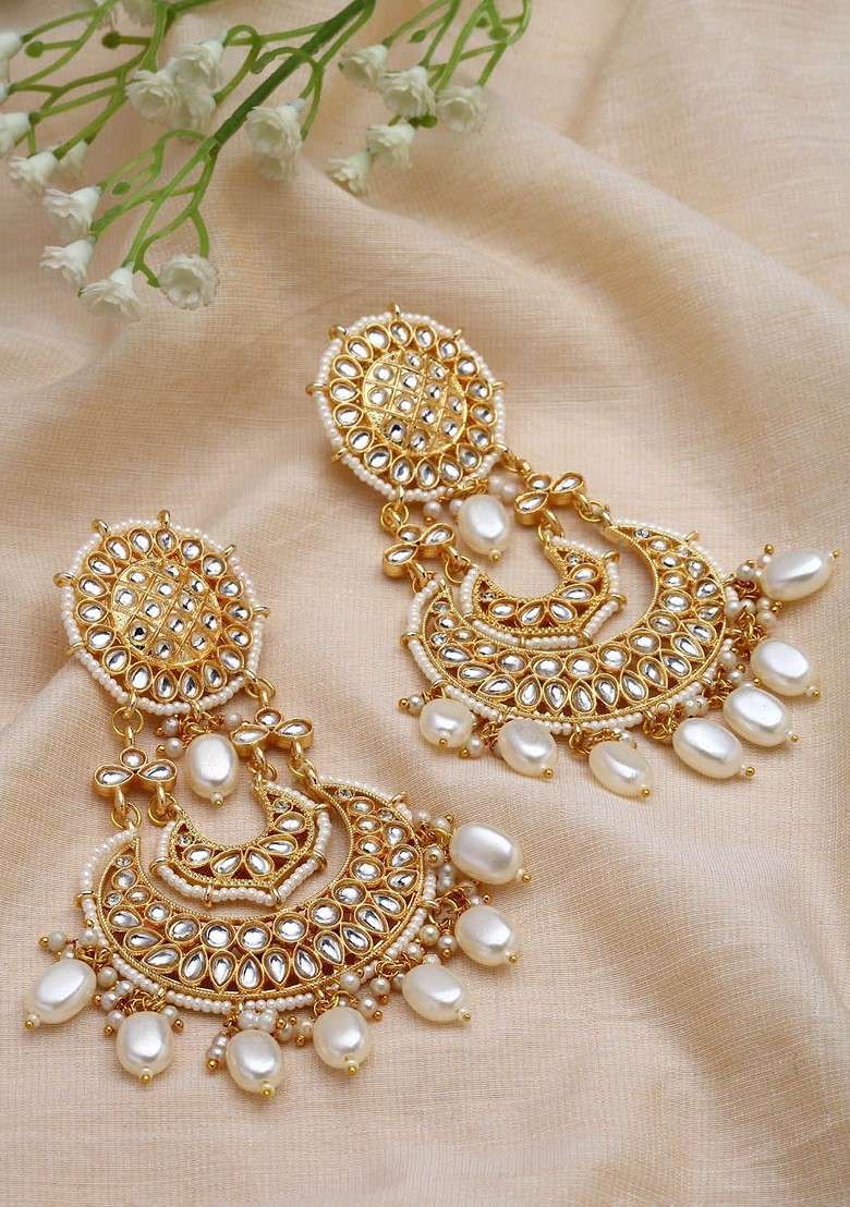 Gold Plated Kundan Crescent Shaped Chandbalis - Indya