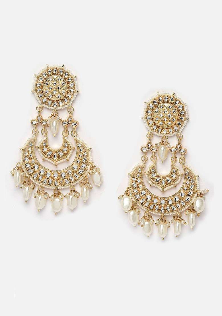 Gold Plated Kundan Crescent Shaped Chandbalis - Indya