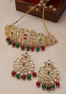 Gold Plated Kundan Studded And Beaded Jewellery Set