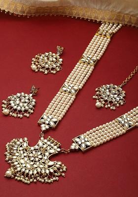 Gold Plated Kundan Stone Studded And Pearl Layered Jewellery Set