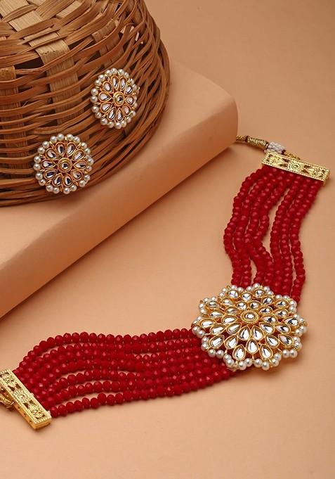 Gold Plated Kundan Studded And Beaded Jewellery Set