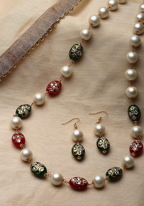 Gold Plated Pearl And Stone Studded Jewellery Set