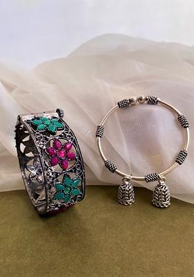 Set Of 2 Silver Plated Stones Studded And Jhumki Drop Oxidised Kada Bangles