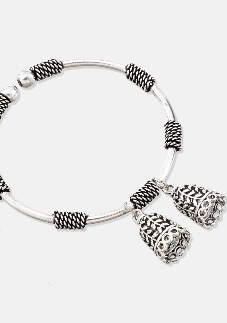 Set Of 2 Silver Plated Stones Studded And Jhumki Drop Oxidised Kada Bangles