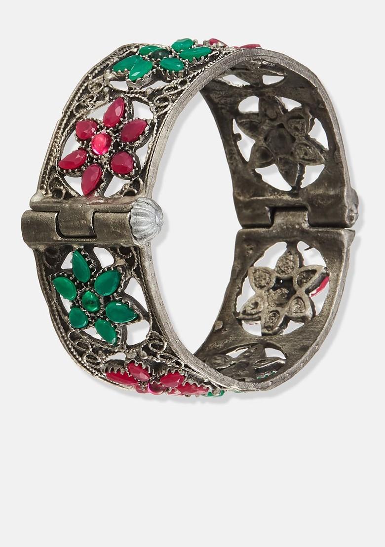 Set Of 2 Silver Plated Stones Studded And Jhumki Drop Oxidised Kada Bangles