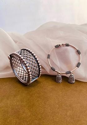Set Of 2 German Silver Plated Oxidised Kada Bangles With Jhumki Drop