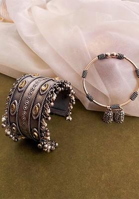 Set Of 2 German Silver Plated Kundan Studded Bangles With Jhumki Drop