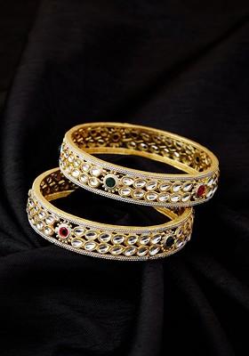 Set Of 2 Gold Plated Kundan Stone Studded Bangles