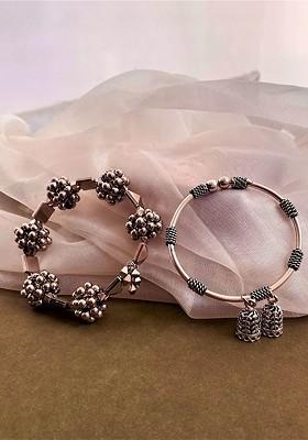 Set Of 2 German Silver Plated Oxidised Bangles With Jhumki Drop