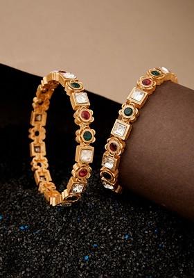 Set of 2 Gold Plated Stone Studded Floral Bangles