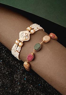 Set Of 2 Gold Plated Beaded Link Bracelet