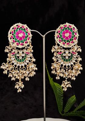 Gold Plated Kundan Contemporary Drop Earrings