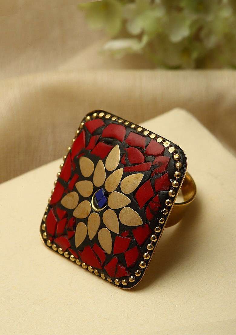 Gold Plated Square Shaped Adjustable Finger Ring - Indya