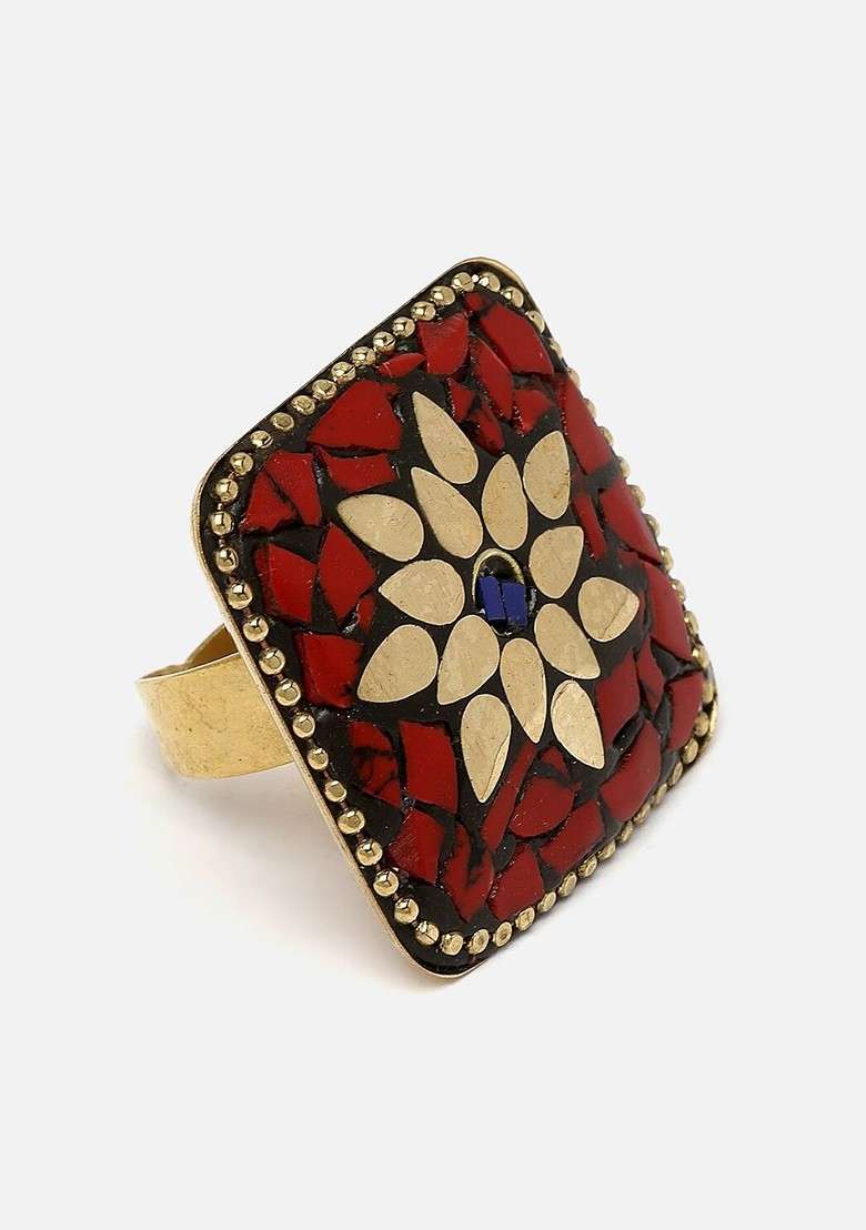 Gold Plated Square Shaped Adjustable Finger Ring - Indya