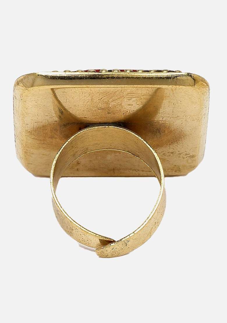Gold Plated Square Shaped Adjustable Finger Ring - Indya