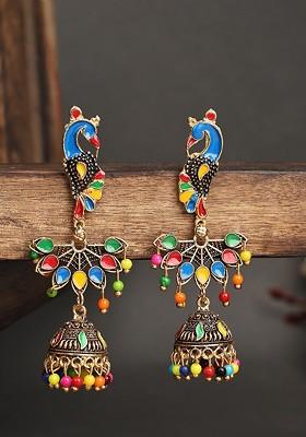 Gold Plated Peacock Shape Contemporary Jhumkas Earrings
