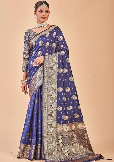 Blue And Gold-Toned Ethnic Motifs Woven Design Zari Banarasi Saree