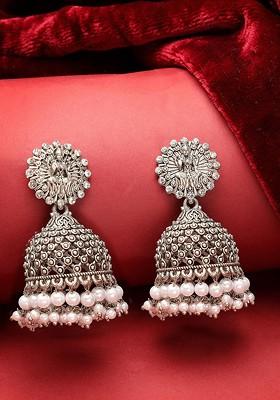 Silver Plated Ad Stone And Pearl Dome Shaped Jhumka Earrings