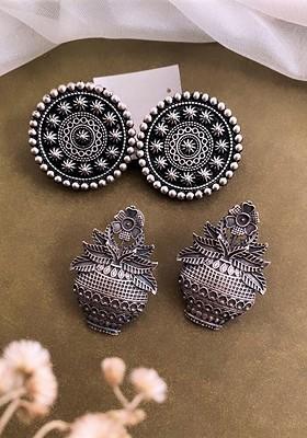 Set Of 2 Silver Plated Circular Oxidised Studs Earrings