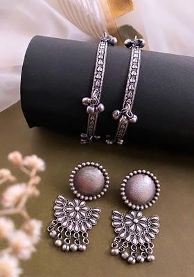 Silver Plated Floral Shaped Bangles And Chandbali Earrings Jewellery Set