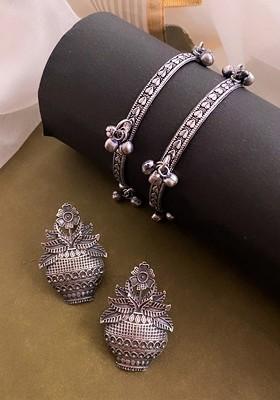 Silver Plated Floral Shaped Bangles And Drop Earrings Jewellery Set