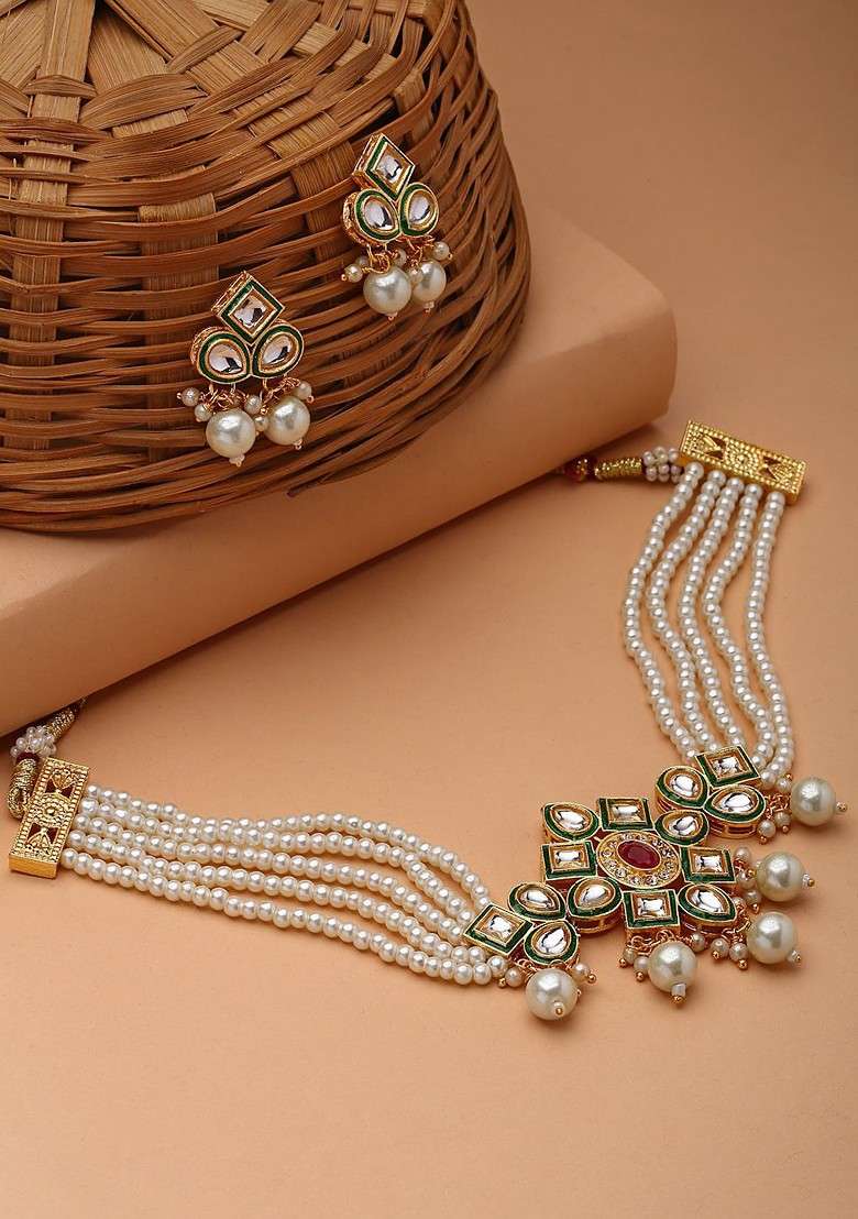 Gold Plated Kundan Stone And Pearl Studded Layered Jewellery Set - Indya