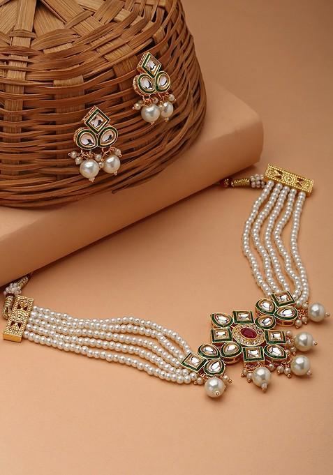 Gold Plated Kundan Stone And Pearl Studded Layered Jewellery Set