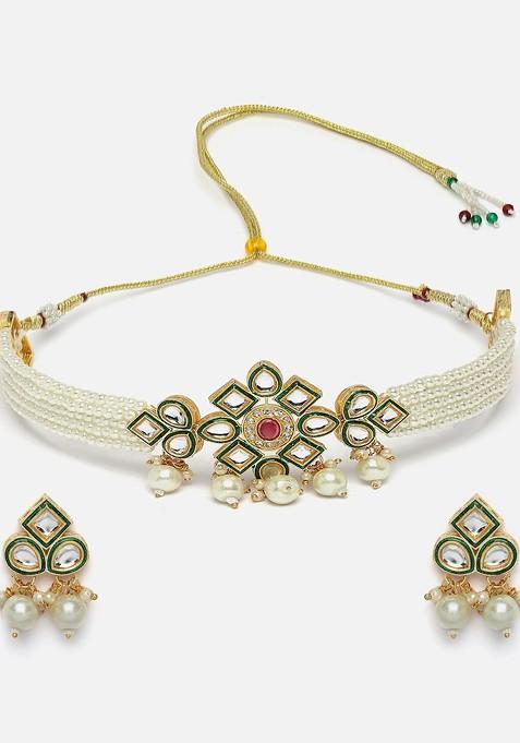 Buy Women Gold Plated Kundan Stone And Pearl Studded Layered Jewellery ...