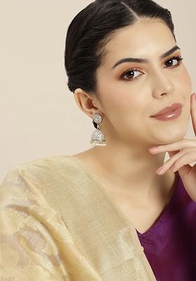Gold-Toned And White Dome Shaped Jhumkas Earrings