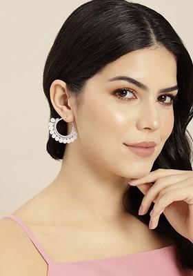 Silver-Plated Pearls-Studded Circular Hoop Earrings