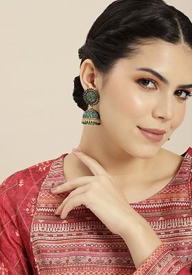 Gold-Plated Artificial Stones And Beads-Studded Dome Shaped Jhumkas Earrings