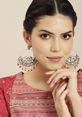 Gold-Plated Artificial Stones And Beads-Studded Teardrop Shaped Hoop Earrings