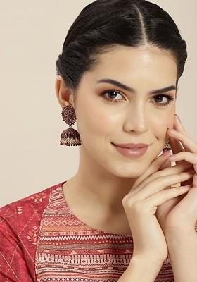 Gold-Plated Artificial Stones And Beads-Studded Dome Shaped Jhumkas Earrings