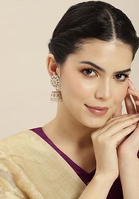 Gold-Toned And Coral Dome Shaped Jhumkas Earrings