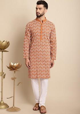 Orange-Coloured And White Floral Embroidered Thread Work Pure Cotton Kurta Set